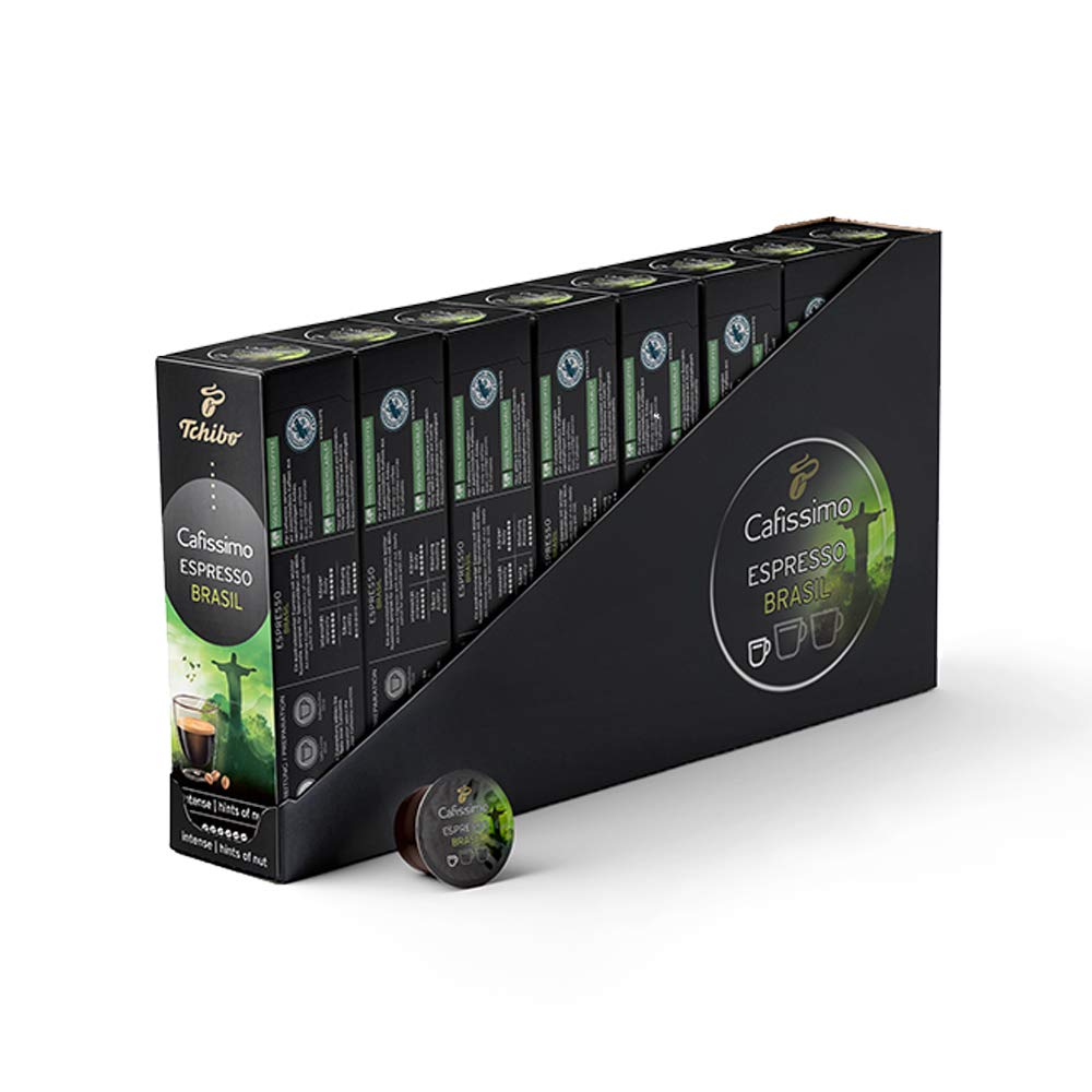 Tchibo Cafissimo Vorratsbox Espresso Brasil Kaffeekapseln, 80 Stück – 8 x 10 Kapseln (Espresso, ausdrucksstark mit Nussnote), nachhaltig & fair gehandelt