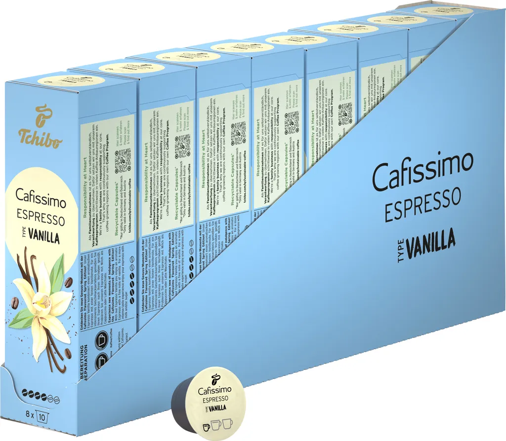Tchibo Cafissimo Espresso Vanilla Coffee Capsules, 80 pieces – 8 x 10 capsules (espresso, aromatic with a delicate vanilla note), sustainably & fairly traded, Limited Edition 560g