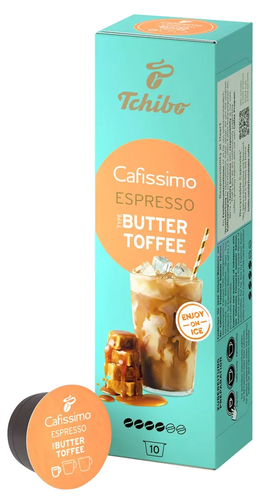 Tchibo Cafissimo Flavoured Summer Edition Espresso Buttertoffee Coffee Capsules, 10 pieces, Espresso, Buttertoffee flavour, no sweetener, Limited Edition 70g