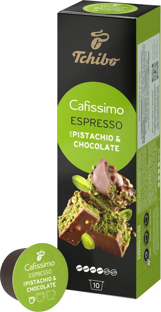 Tchibo Cafissimo Flavoured Winter Edition Espresso Pistachio & Chocolate Coffee Capsules, 10 pieces, Espresso, Pistachio and Chocolate flavour, sustainably & fairly traded, Limited Edition 70g
