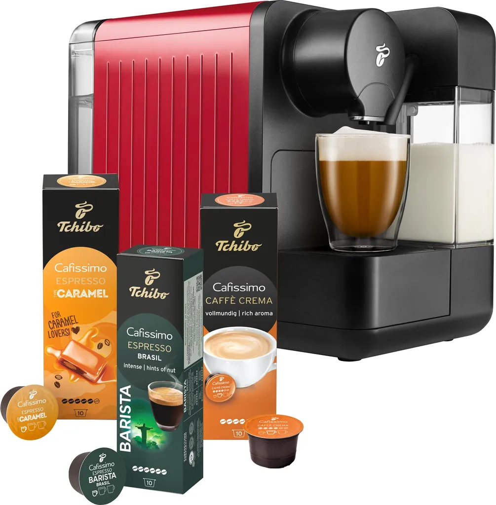 Tchibo Cafissimo "milk" coffee machine capsule machine incl. 30 capsules for Caffè Crema, Espresso, coffee and milk specialties, Red
