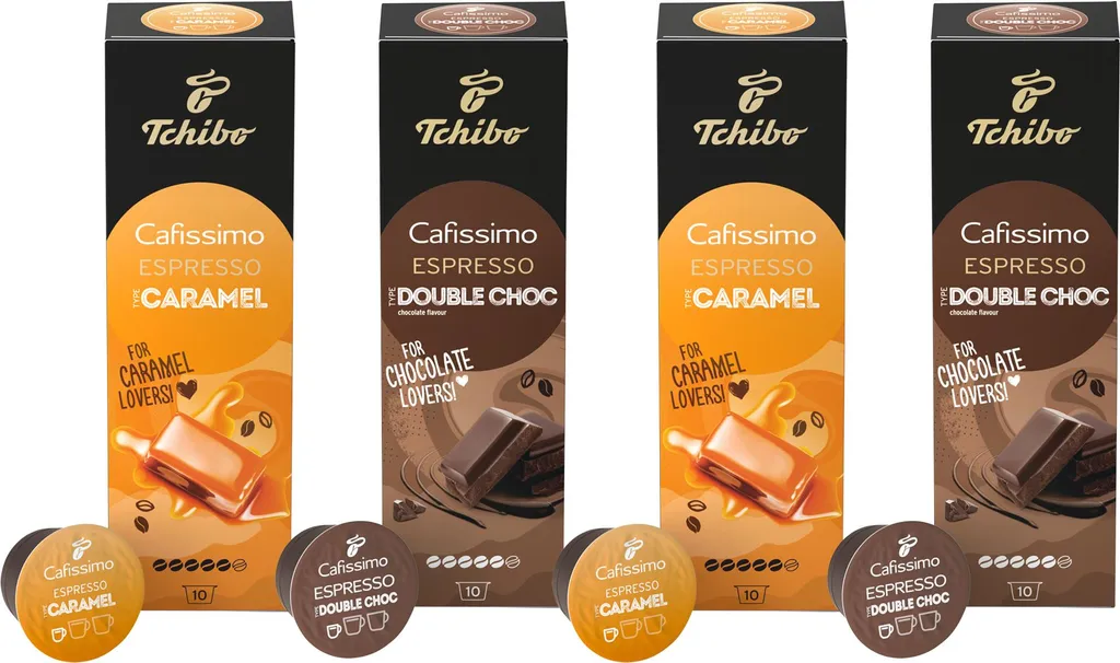 Tchibo Cafissimo Sample Set Flavoured Edition Espresso Caramel & Espresso Double Chocolate, 40 pieces (4 x 10 coffee capsules), sustainably & fairly traded