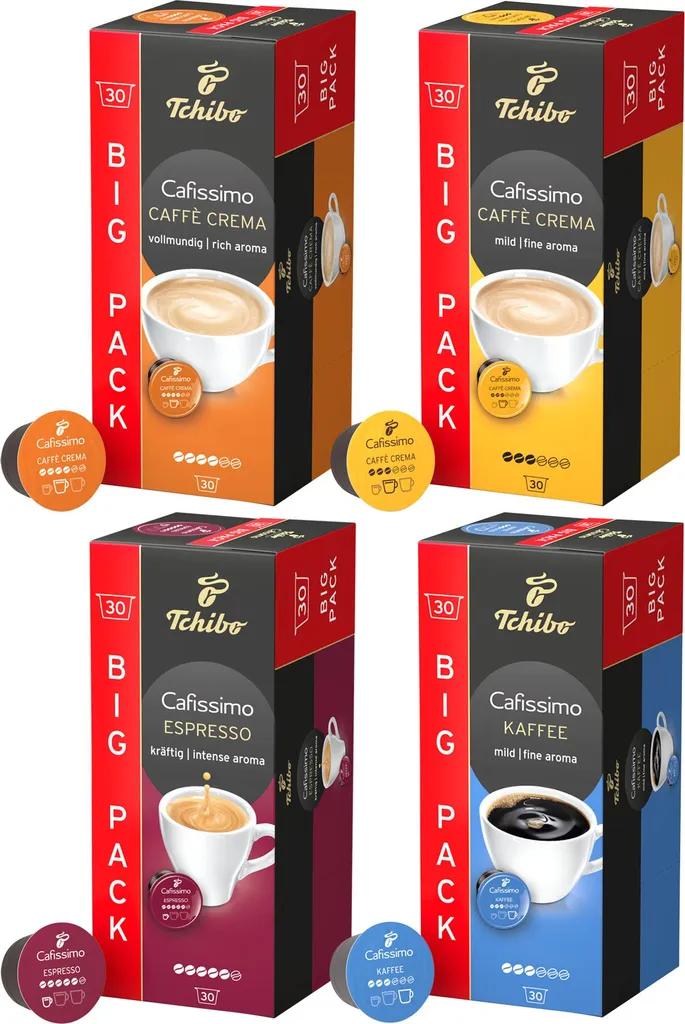 Tchibo Cafissimo Classic Edition Sample Set, various varieties of Caffè Crema, Espresso and Coffee, 120 pieces (4 x 30 coffee capsules), sustainably & fairly traded 852g