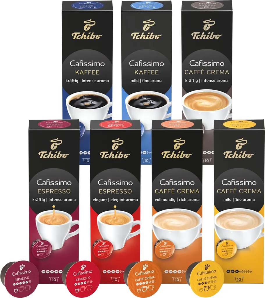 Tchibo Cafissimo sampler set, various types of Caffè Crema, Espresso and coffee, 70 pieces (7x10 coffee capsules), sustainably & fairly traded 502g
