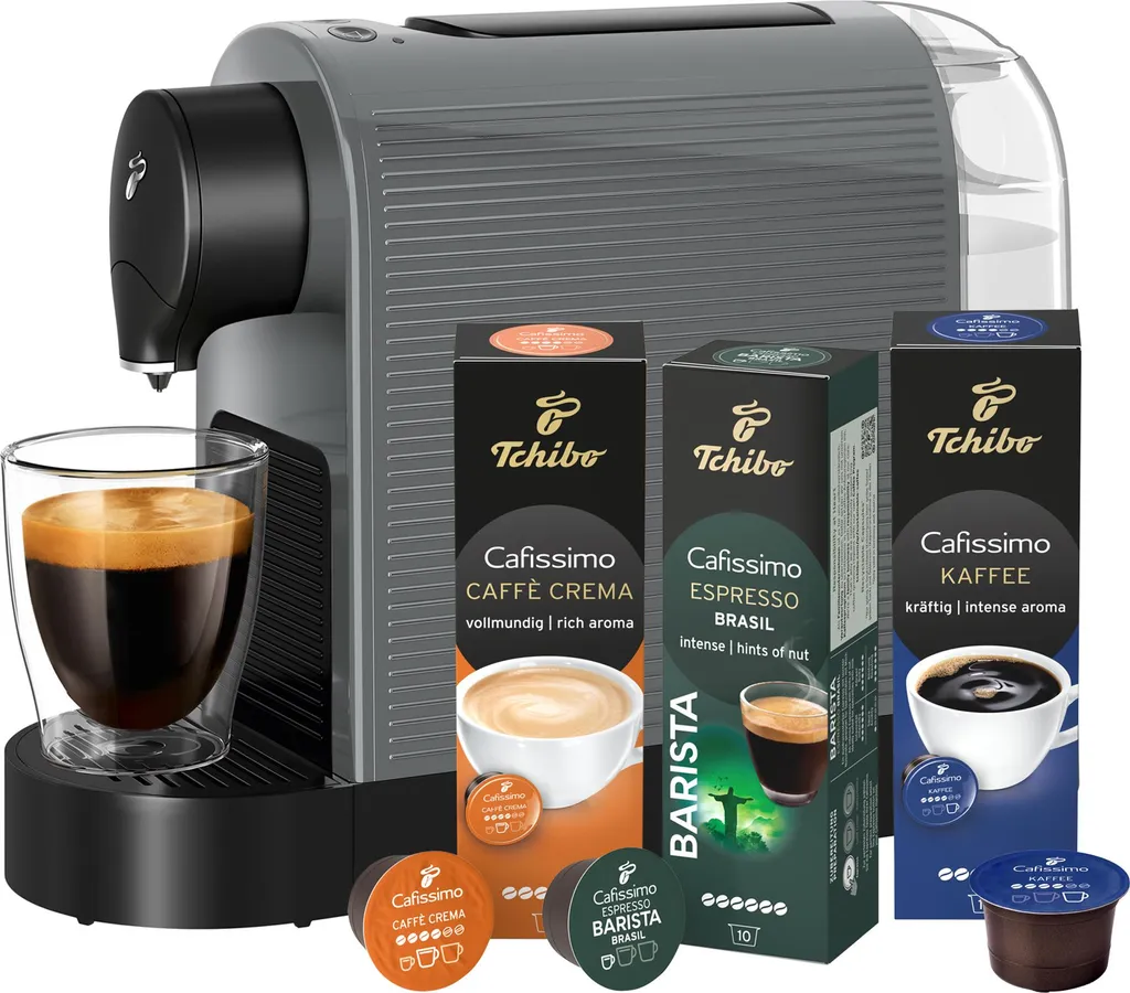 Tchibo Cafissimo "Pure plus" coffee machine capsule machine incl. 30 capsules for Caffè Crema, Espresso and Coffee | 0.8l | 1250 Watts | 11.9 x 33.7 x 24 cm | Grey