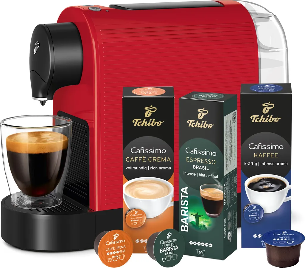 Tchibo Cafissimo "Pure plus" capsule coffee machine including 30 capsules for Caffè Crema, Espresso and Coffee | 0.8l | 1250 Watts | 11.9 x 33.7 x 24 cm | Red