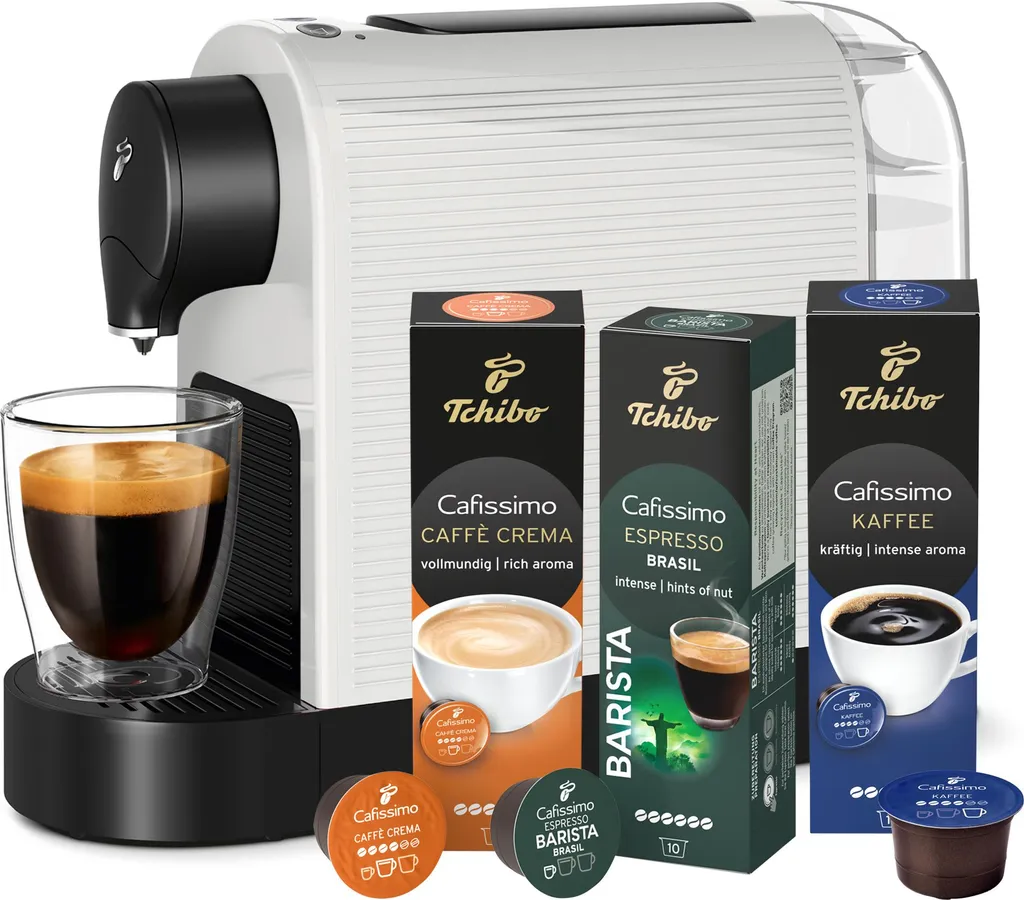 Tchibo Cafissimo "Pure plus" capsule coffee machine including 30 capsules for Caffè Crema, Espresso and Coffee | 0.8l | 1250 Watts | 11.9 x 33.7 x 24 cm | White