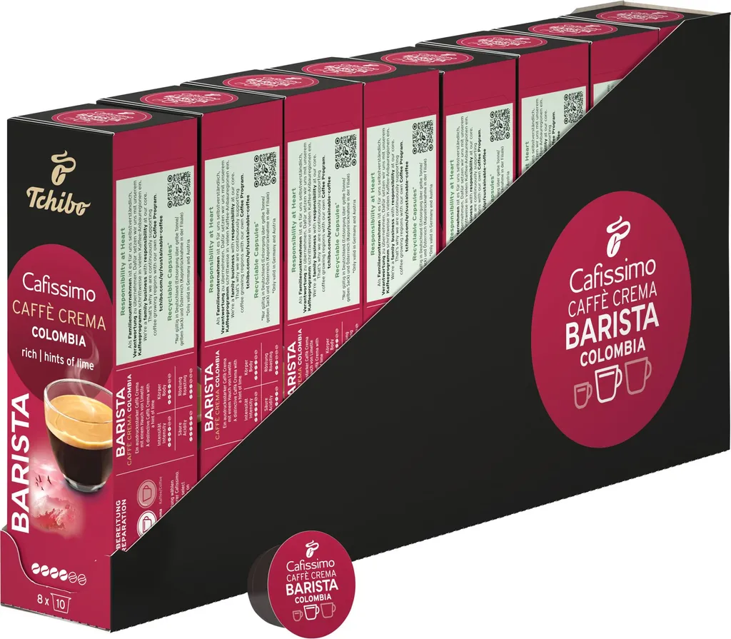 Tchibo Cafissimo Caffè Crema Colombia Coffee Capsules Storage Box, 80 pieces – 8 x 10 capsules (coffee, expressive with a hint of lime), sustainably & fairly traded 624g