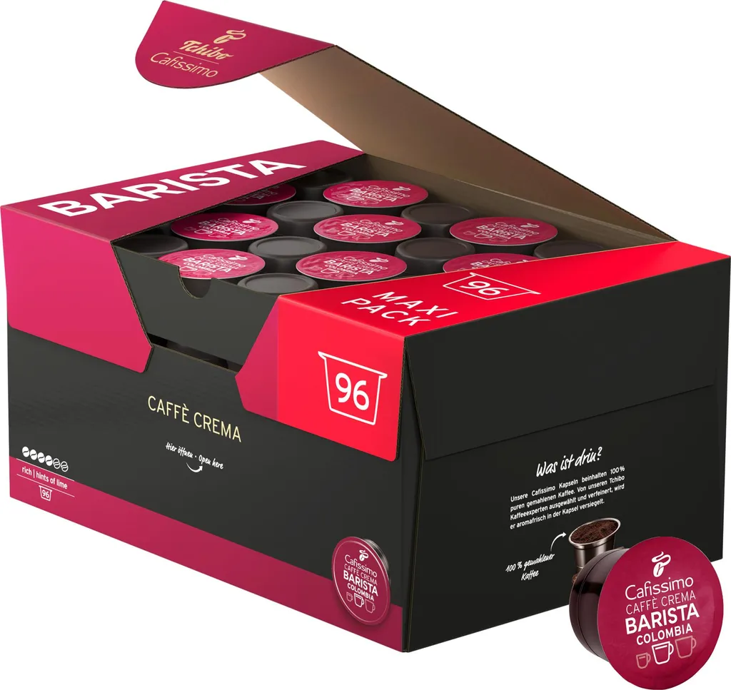 Tchibo Cafissimo Caffè Crema Colombia Coffee Capsules Storage Box, 96 pieces (coffee, expressive with a hint of lime), sustainably & fairly traded 748g