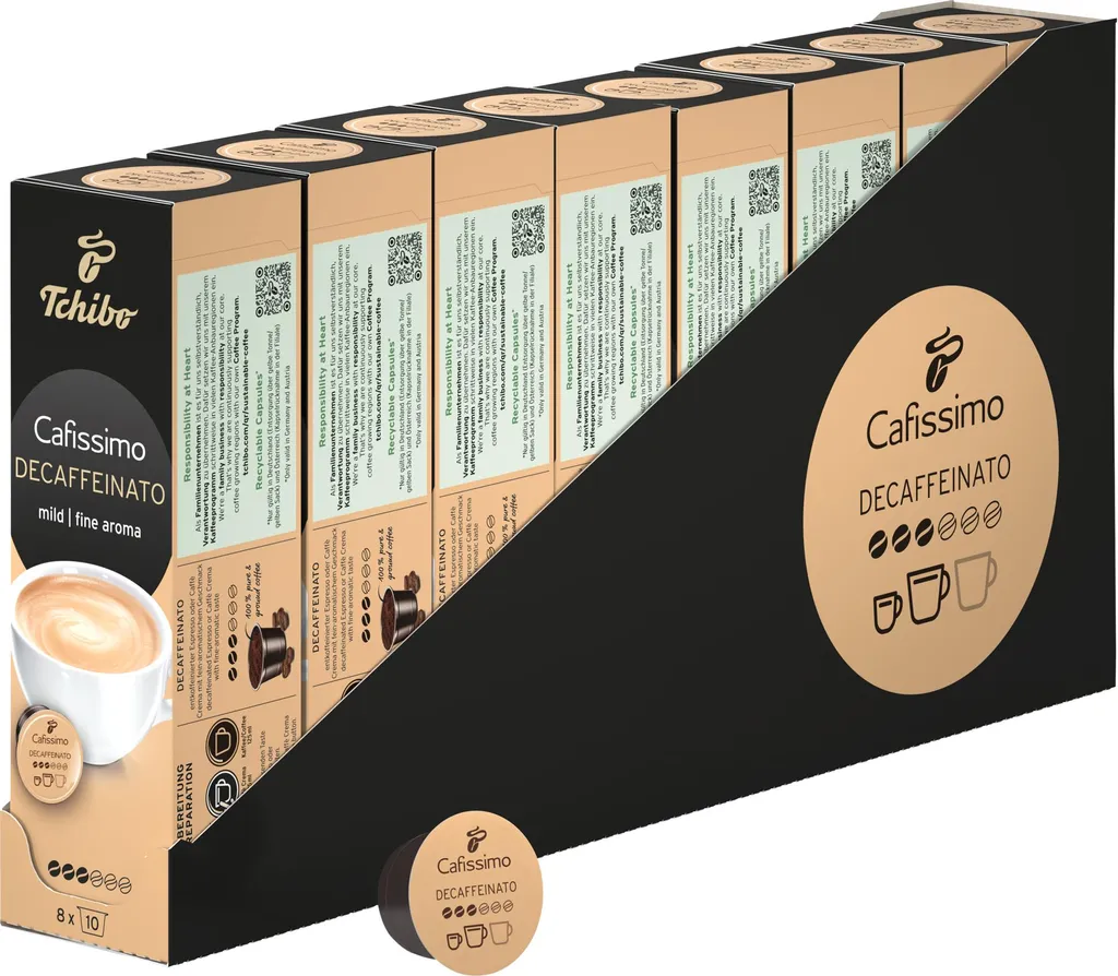 Tchibo Cafissimo Caffè Crema Decaffeinated Coffee Capsules Storage Box, 80 pieces – 8 x 10 capsules (mild coffee with a delicate aroma), sustainably & fairly traded
