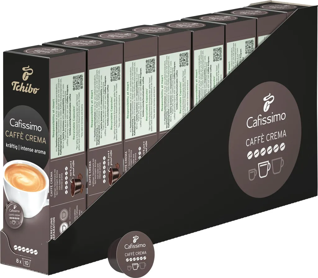 Tchibo Cafissimo Caffè Crema strong coffee capsules storage box, 80 pieces – 8x10 capsules (coffee, intense with strong roasted aromas), sustainably & fairly traded 600g