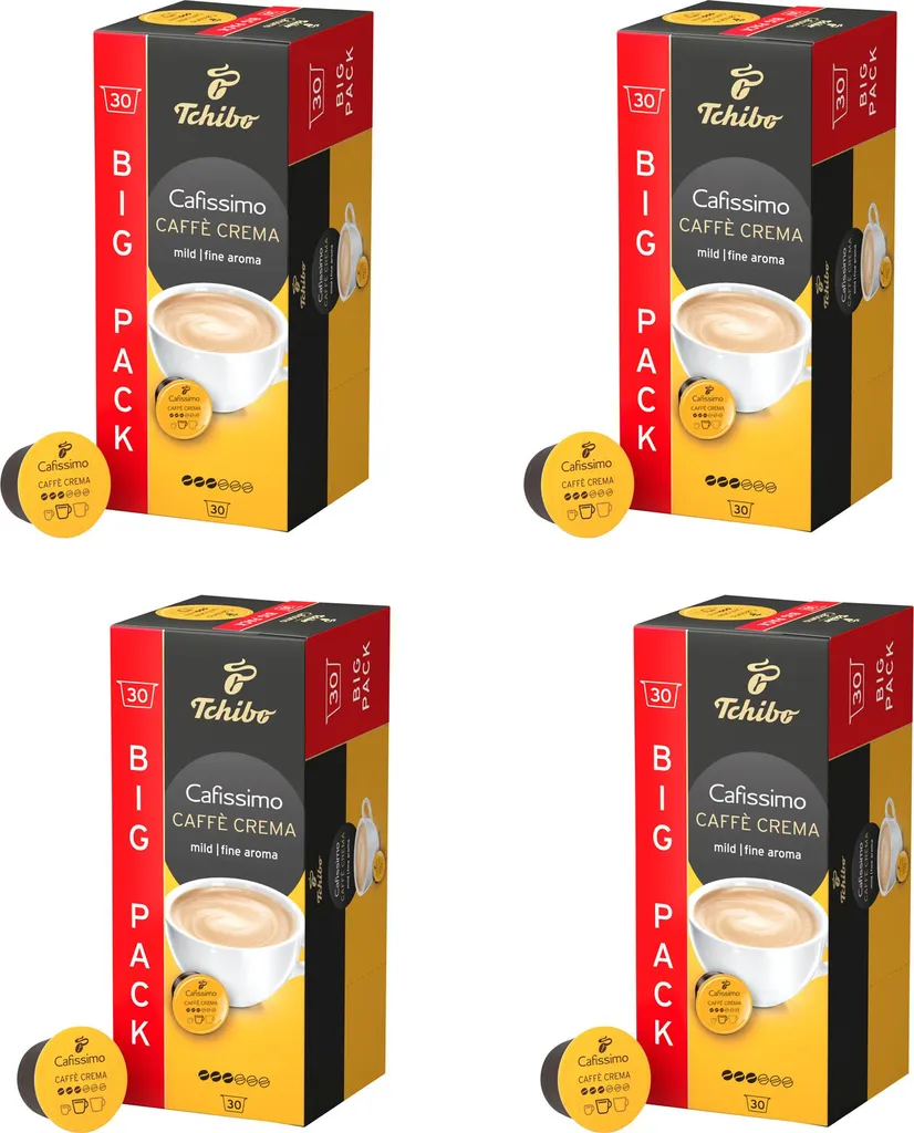Tchibo Cafissimo Caffè Crema mild coffee capsules storage box, 120 pieces – 4 x 30 capsules (mild coffee with a gentle aroma), sustainably & fairly traded 840g