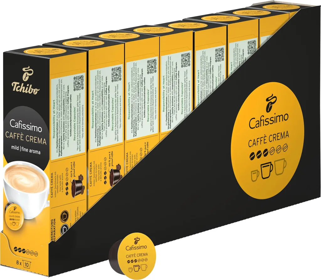 Tchibo Cafissimo Caffè Crema mild coffee capsules storage box, 80 pieces – 8 x 10 capsules (mild coffee with a gentle aroma), sustainably & fairly traded 560g
