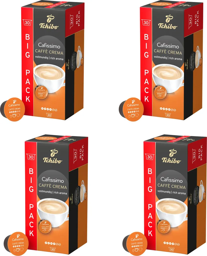 Tchibo Cafissimo Caffè Crema Full-Bodied Coffee Capsules Storage Box, 120 pieces – 4 x 30 capsules (coffee, balanced and full-bodied), sustainably & fairly traded
