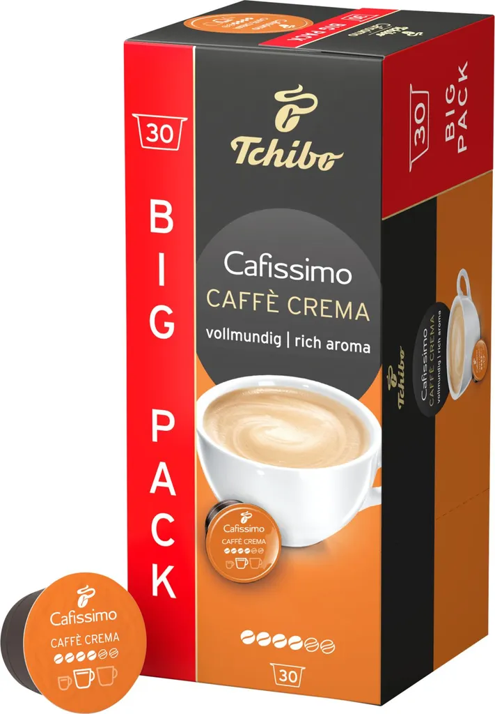 Tchibo Cafissimo Caffè Crema Full-Bodied Coffee Capsules Storage Box, 30 pieces (Coffee, balanced and full-bodied), sustainably & fairly traded 222g