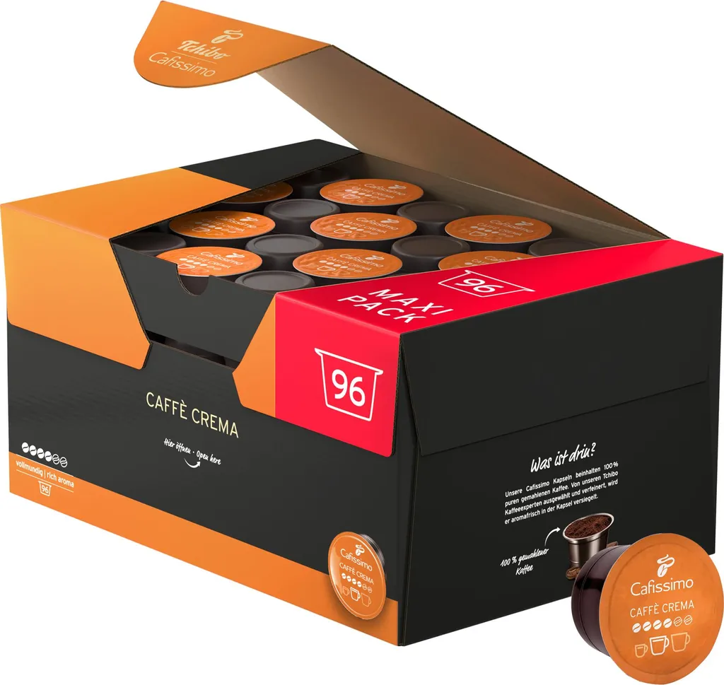 Tchibo Cafissimo Caffè Crema Full-Bodied Coffee Capsules Storage Box, 96 pieces (Coffee, balanced and full-bodied), sustainably & fairly traded 710g