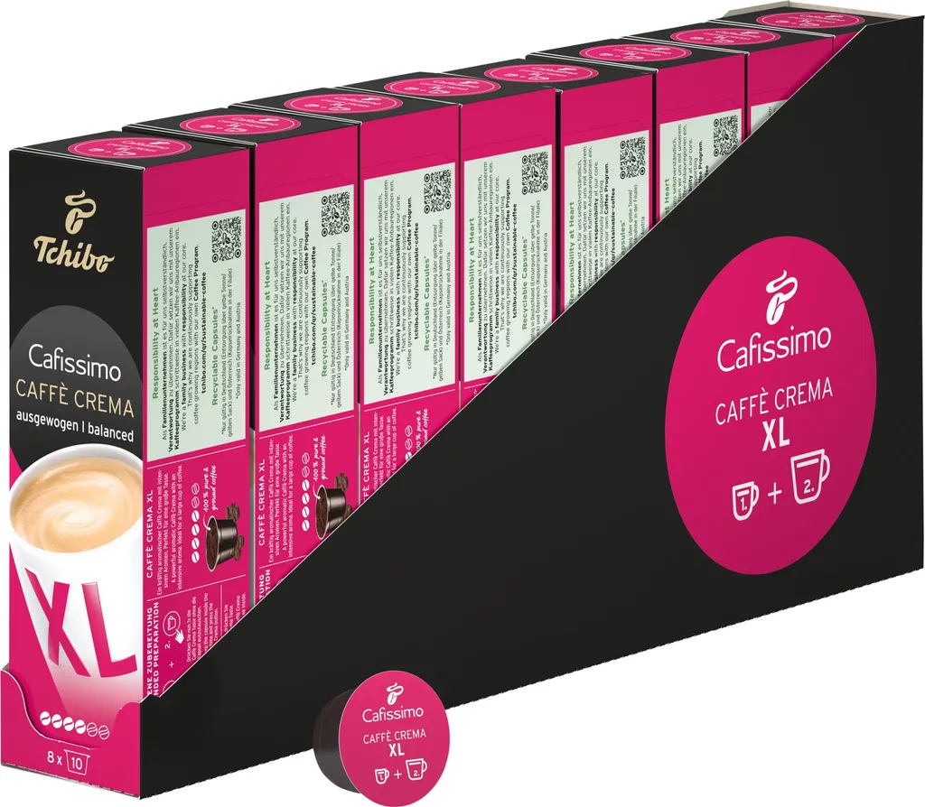 Tchibo Cafissimo Caffè Crema XL Coffee Capsules Storage Box, 80 pieces – 8x10 capsules (coffee, strong with intense aromas), sustainably & fairly traded, for large coffee mugs 680g