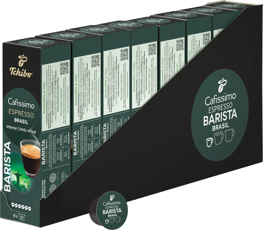 Tchibo Cafissimo Espresso Brasil Coffee Capsules Storage Box, 80 pieces – 8 x 10 capsules (Espresso, expressive with nutty notes), sustainably & fairly traded 624g
