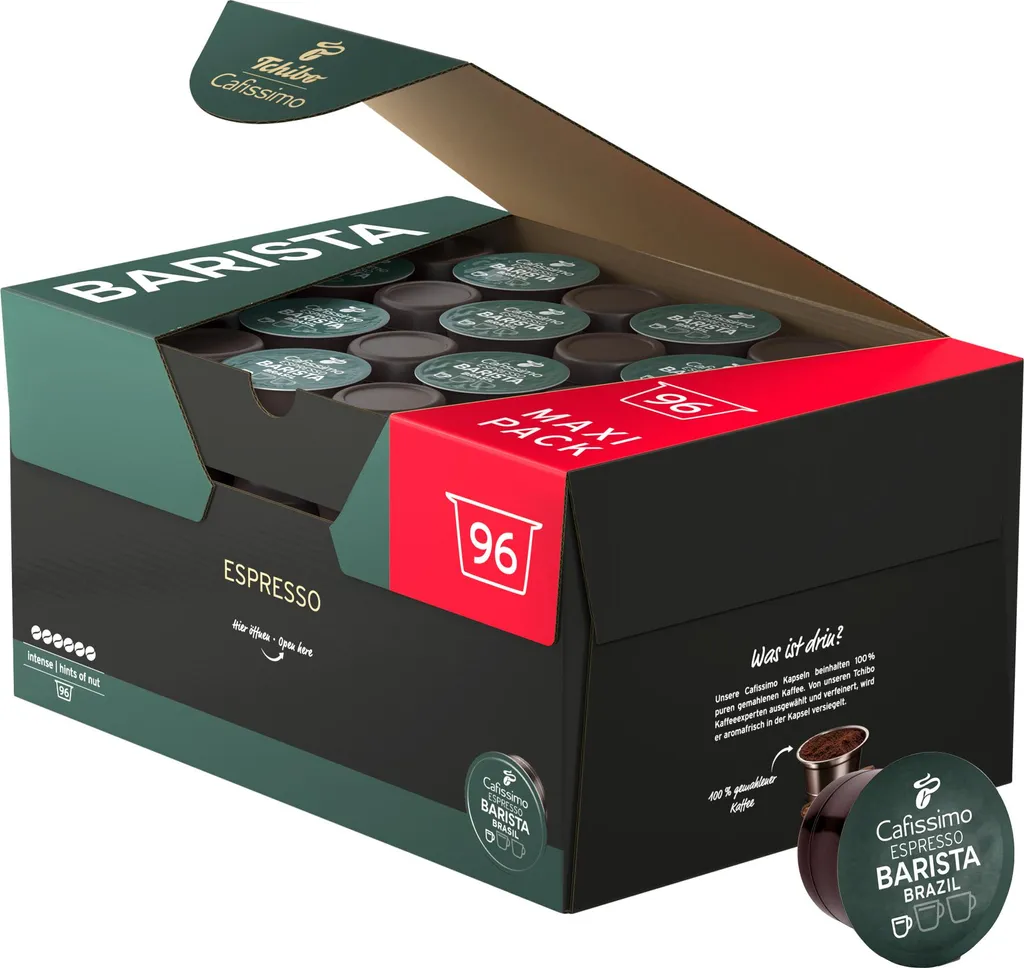 Tchibo Cafissimo Espresso Brasil Coffee Capsules Storage Box, 96 pieces (Espresso, expressive with nutty notes), sustainably & fairly traded 748g