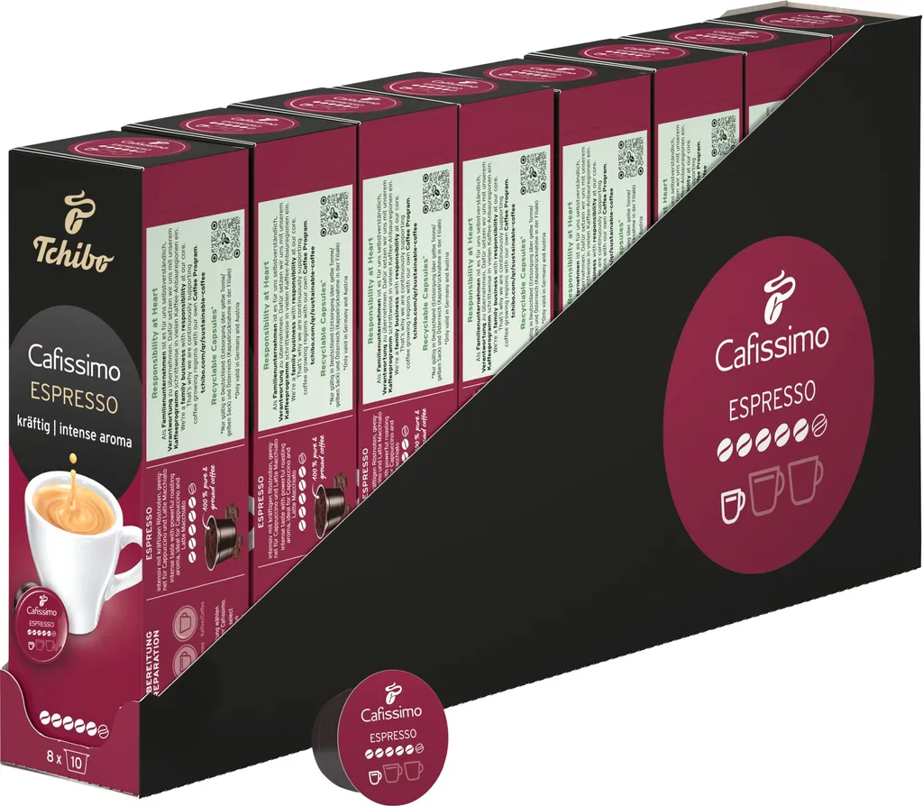 Tchibo Cafissimo Espresso Strong Coffee Capsules Storage Box, 80 pieces – 8 x 10 capsules (Espresso, intense with strong roasted aromas), sustainably & fairly traded 600g