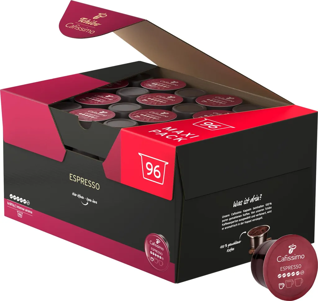 Tchibo Cafissimo Espresso Strong Coffee Capsules Storage Box, 96 pieces (Espresso, intense with strong roasted aromas), sustainably & fairly traded 720g
