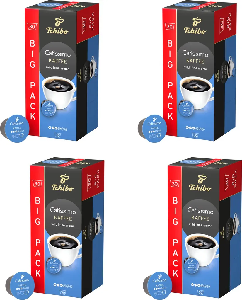 Tchibo Cafissimo Coffee Storage Box, Mild Filter Coffee Capsules, 120 pieces – 4x30 capsules (mild coffee with gentle roasted aromas), sustainably & fairly traded 780g