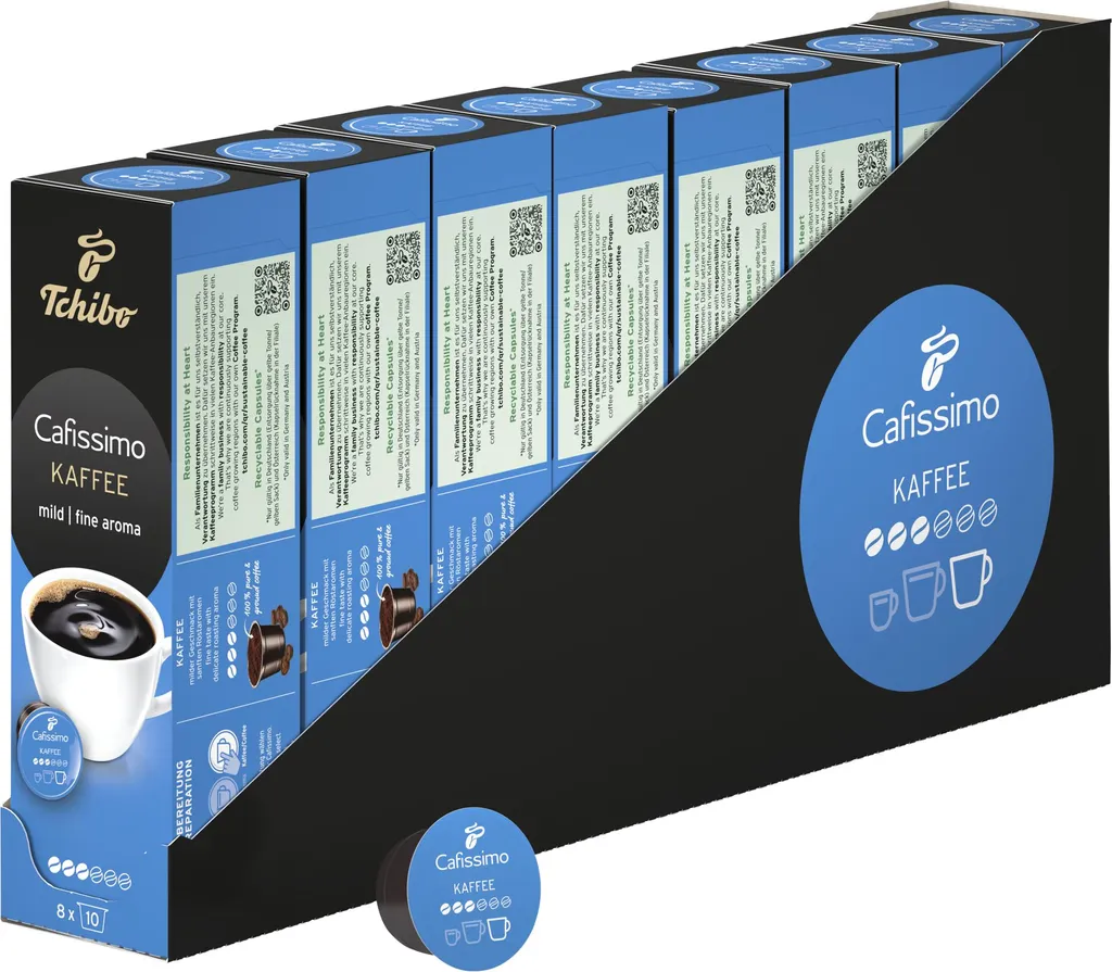 Tchibo Cafissimo Coffee Storage Box, Mild Filter Coffee Capsules, 80 pieces – 8 x 10 capsules (mild coffee with gentle roasted aromas), sustainably & fairly traded 520g
