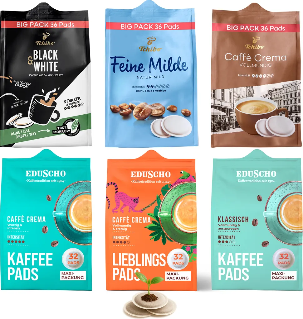 Tchibo Eduscho Coffee Pad Mix Sample Set Variety Pack, Fine Mild, BLACK&WHITE, Caffè Crema, Favorite Pads & Classic, 204 pieces – 3x 36 pads & 3x 32 pads, sustainable, suitable for Senseo machines 1430g