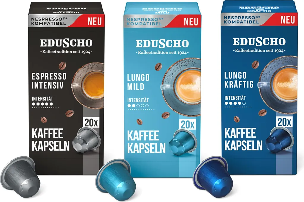 Tchibo Eduscho trial set with three varieties: Lungo Strong, Espresso Intensive, Lungo Mild, 60 pieces (3 x 20 coffee capsules), compatible with Nespresso, sustainably & fairly traded 288g