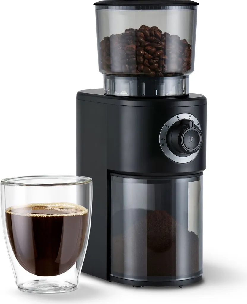 Tchibo electric coffee grinder, stainless steel grinding mechanism, 26 grind settings, black/silver