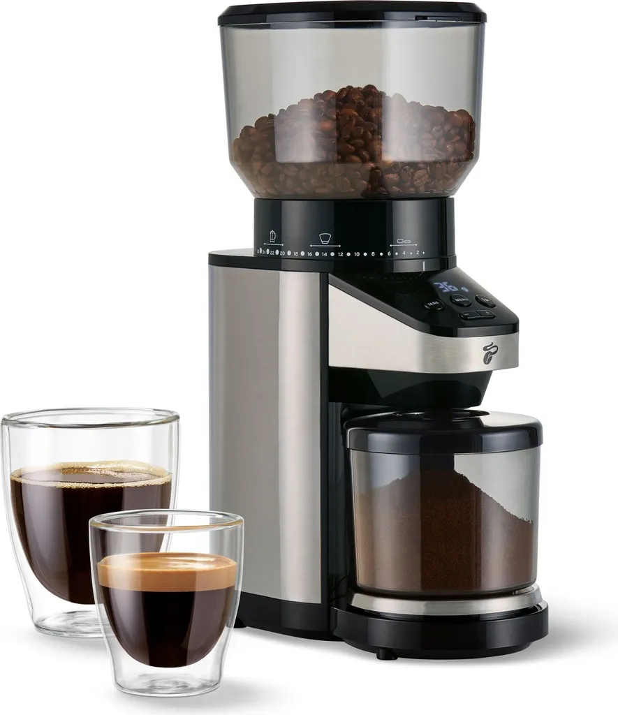 Tchibo electric coffee grinder, built-in scale, stainless steel grinding mechanism, conical burr grinder, 26 grind settings, black/silver