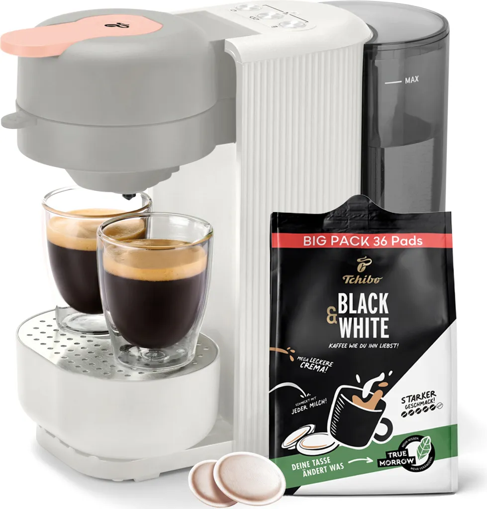 Tchibo coffee pod machine “CALL ME PAD” including 36 coffee pods Black & White, with button for to-go cups, for 2 cups, fast and quiet, automatic shut-off function, White
