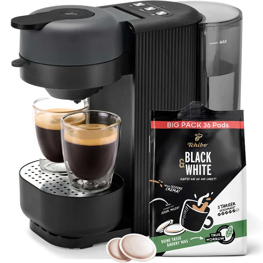 Tchibo coffee pod machine “CALL ME PAD” including 36 Tchibo Black & White pods, with to-go cup button, for 2 cups, fast and quiet, automatic shut-off function, black