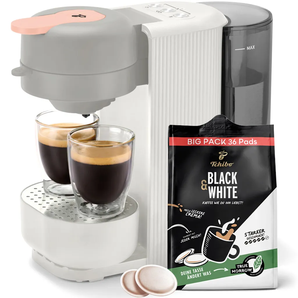Tchibo coffee pod machine “CALL ME PAD” including 36 Tchibo Black & White pods, with to-go cup button, for 2 cups, fast and quiet, automatic shut-off function, white