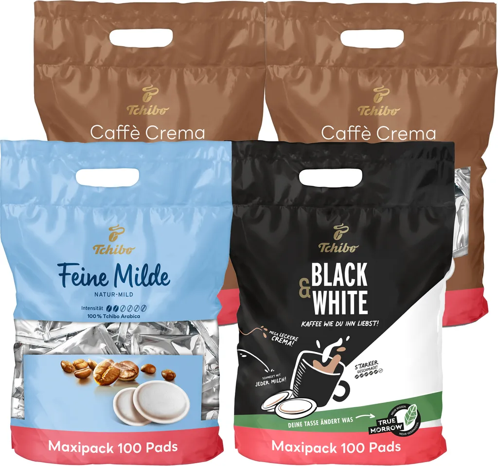 Tchibo Coffee Pods Sampler Pack Maxipack, Fine Mild (1x), Caffè Crema Full-Bodied (2x) & BLACK&WHITE (1x), 400 pieces – 4x 100 pods, sustainable, suitable for Senseo machines 2.8 kg