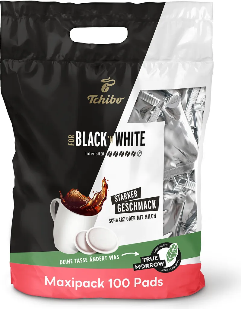 Tchibo Coffee Pods Value Pack Maxipack, BLACK & WHITE, 100 pieces – 1 x 100 pods (coffee, strong with a powerful taste), sustainable, suitable for Senseo machines 700g