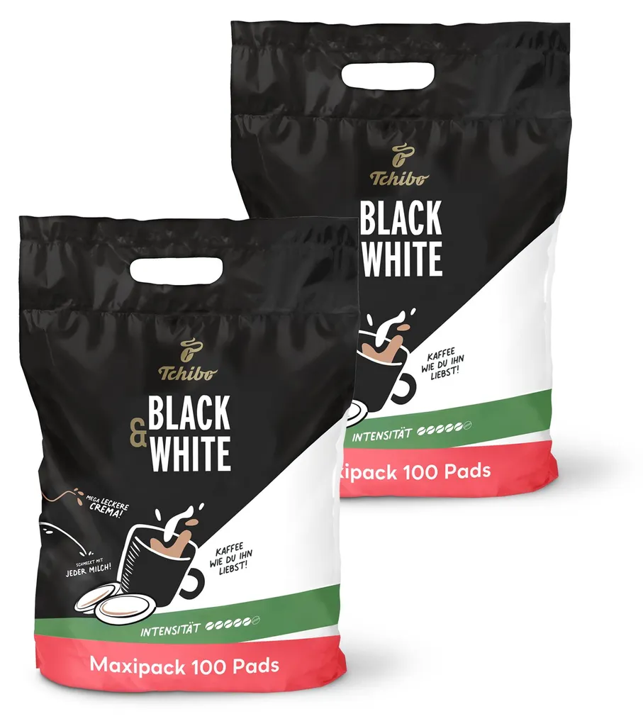 Tchibo Coffee Pods Value Pack Maxipack, BLACK&WHITE, 200 pieces – 2 x 100 pods (coffee, strong with a powerful taste), sustainable, suitable for Senseo machines 1.4 kg
