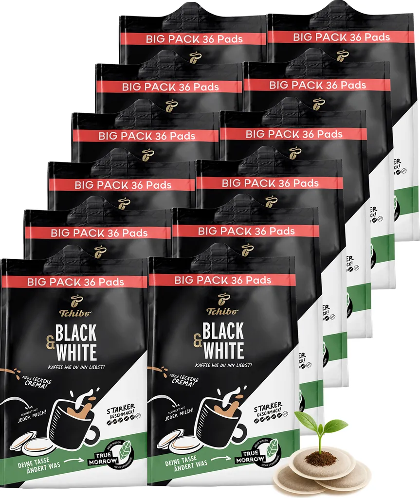 Tchibo Coffee Pods Value Pack Maxipack, BLACK & WHITE, 432 pieces – 12 x 36 pods (coffee, strong with a powerful flavor), sustainable, suitable for Senseo machines