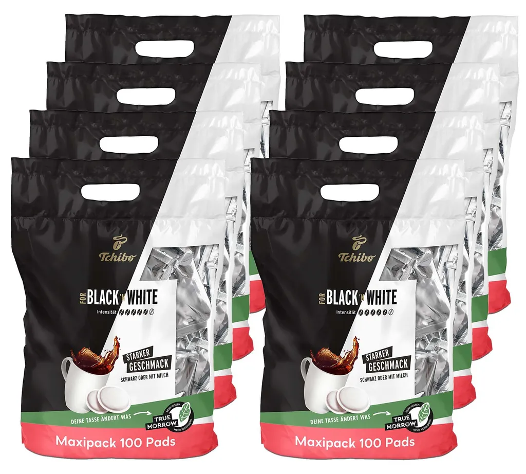 Tchibo Coffee Pods Value Pack Maxipack, BLACK&WHITE, 800 pieces – 8 x 100 pods (coffee, strong with a powerful taste), sustainable, suitable for Senseo machines 5.6 kg