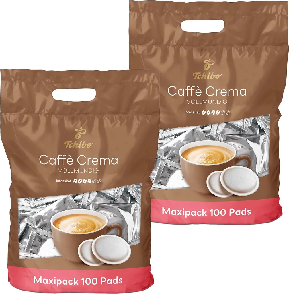 Tchibo Coffee Pads Value Pack Maxipack, Caffè Crema full-bodied, 200 pieces – 2 x 100 pads (coffee, balanced and full-bodied), sustainable, suitable for Senseo machines