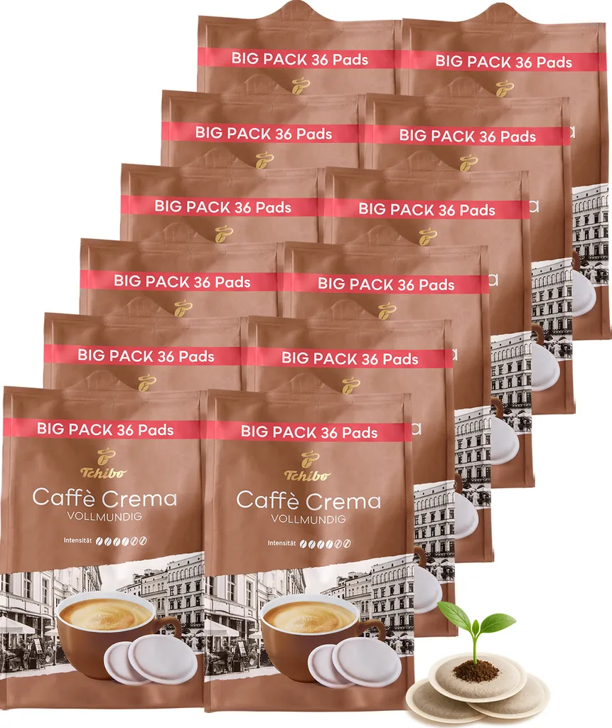 Tchibo Coffee Pods Value Pack Maxipack, Caffè Crema full-bodied, 432 pieces – 12 x 36 pods (coffee, balanced and full-bodied), sustainable, suitable for Senseo machines 3110g