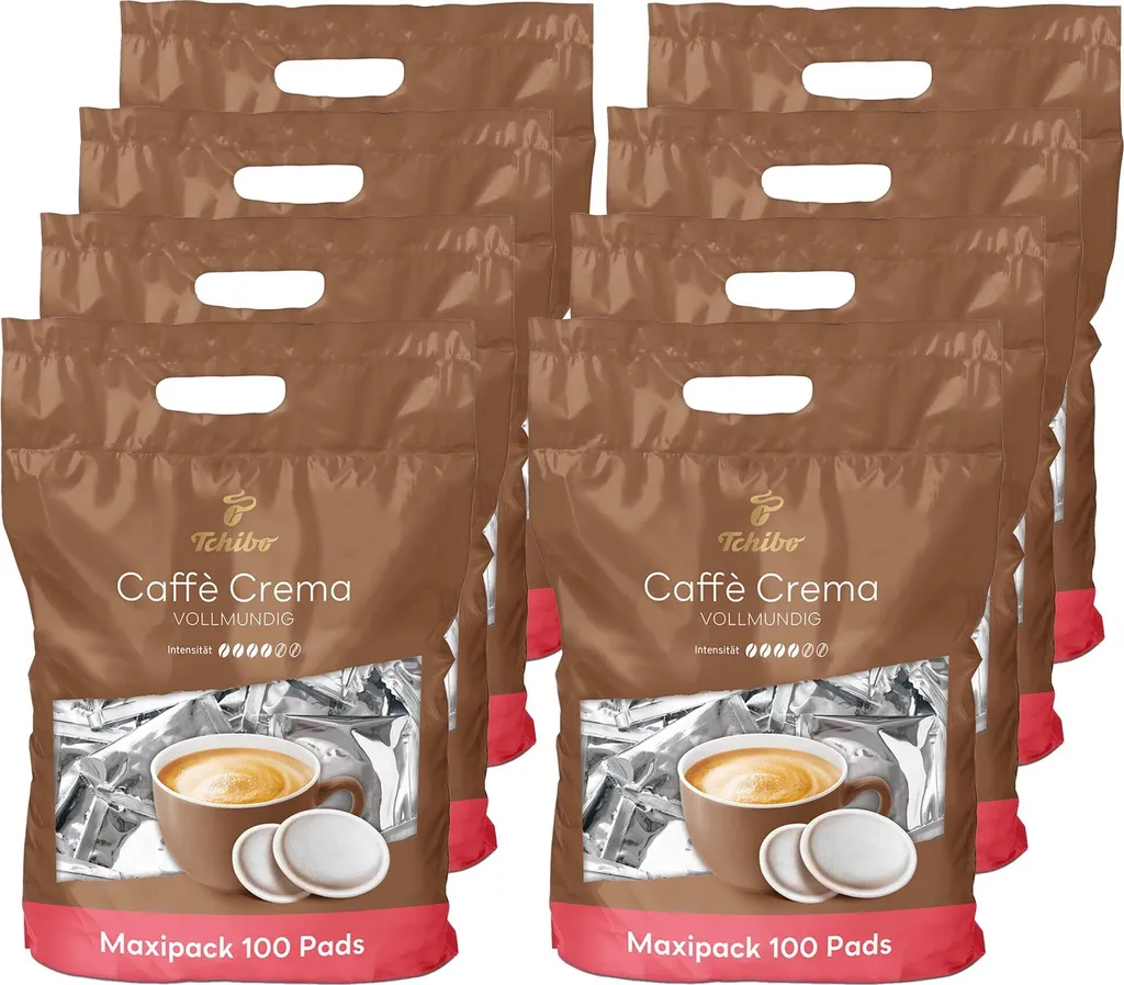 Tchibo Coffee Pads Value Pack Maxipack, Caffè Crema full-bodied, 800 pieces – 8 x 100 pads (coffee, balanced and full-bodied), sustainable, suitable for Senseo machines