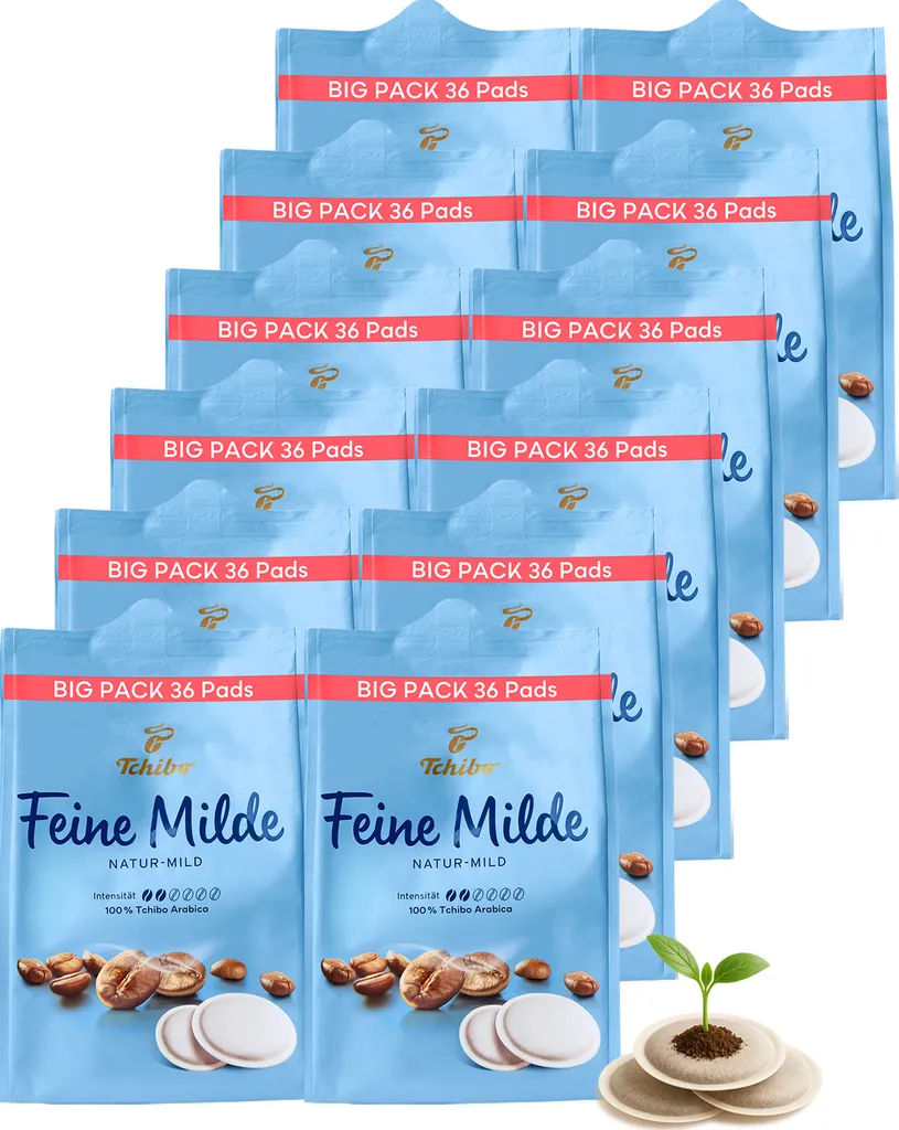 Tchibo Coffee Pads Value Pack Maxipack, Fine Mild, 432 pieces – 12 x 36 pads (coffee, mild with gentle roasted aromas), sustainable, suitable for Senseo machines 3110g