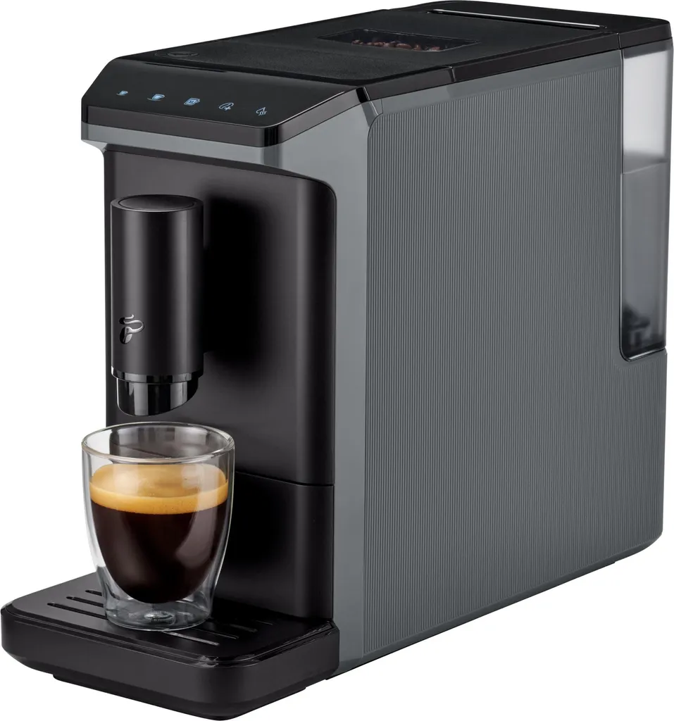 Tchibo Esperto mini fully automatic coffee machine for Caffè Crema and Espresso, only 16cm wide, small and compact, suitable for any kitchen, camping, tiny house, student apartment, Grey