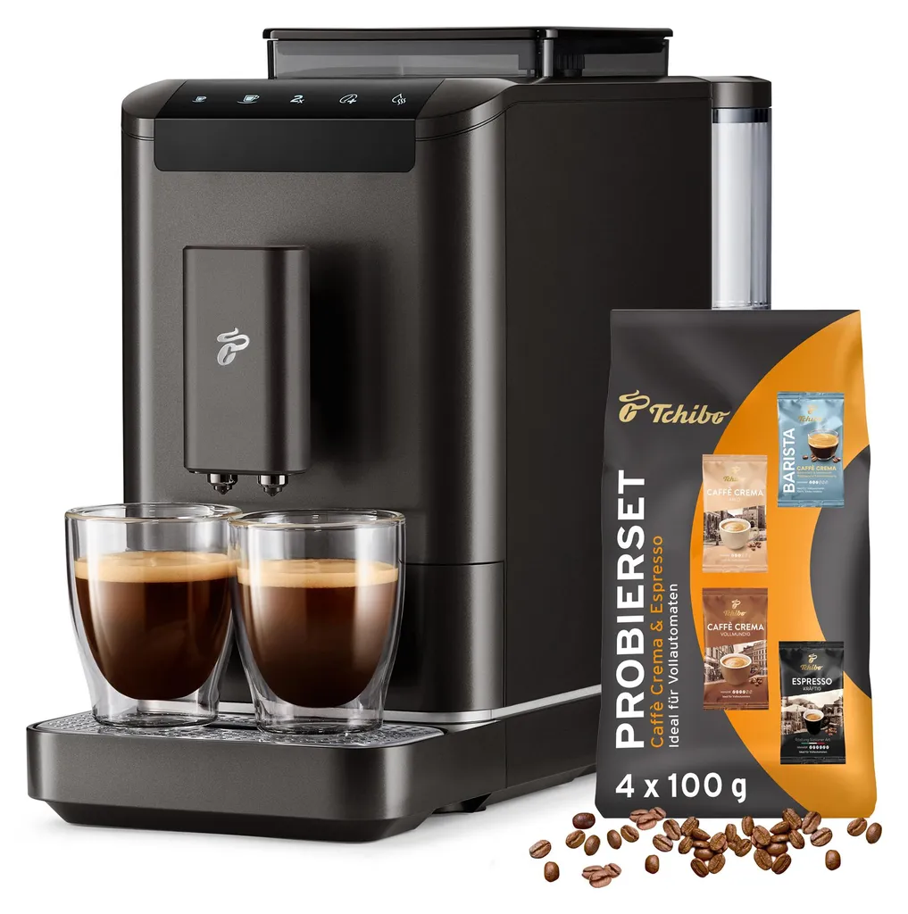 Tchibo Esperto2 Caffè fully automatic coffee machine with 2-cup function for Caffè Crema and Espresso, Granite Black - INCLUDES FREE coffee tasting set