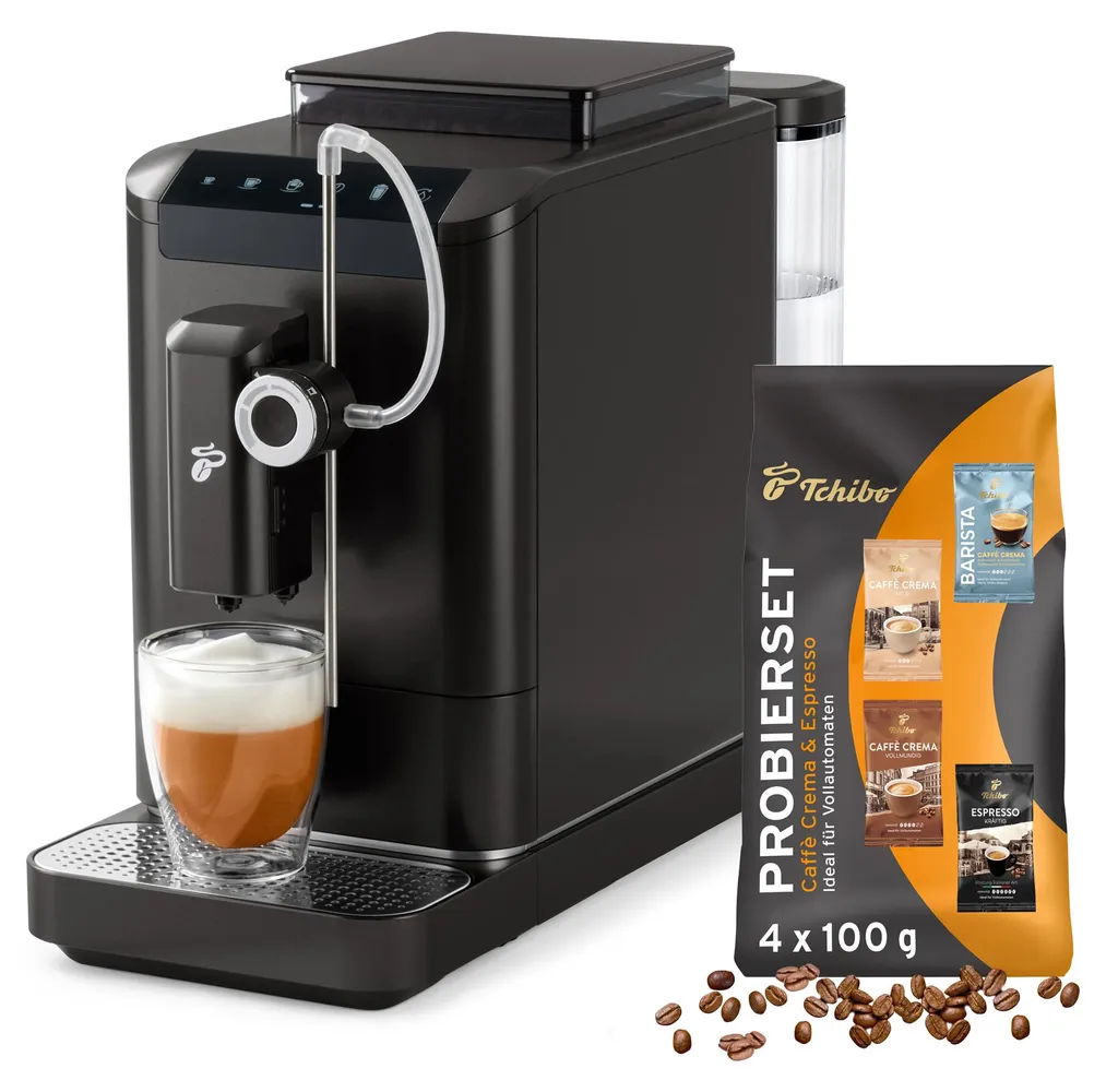Tchibo Esperto2 Milk fully automatic coffee machine with one-touch milk function and 2-cup function for espresso, caffè crema, cappuccino and milk foam, Granite Black