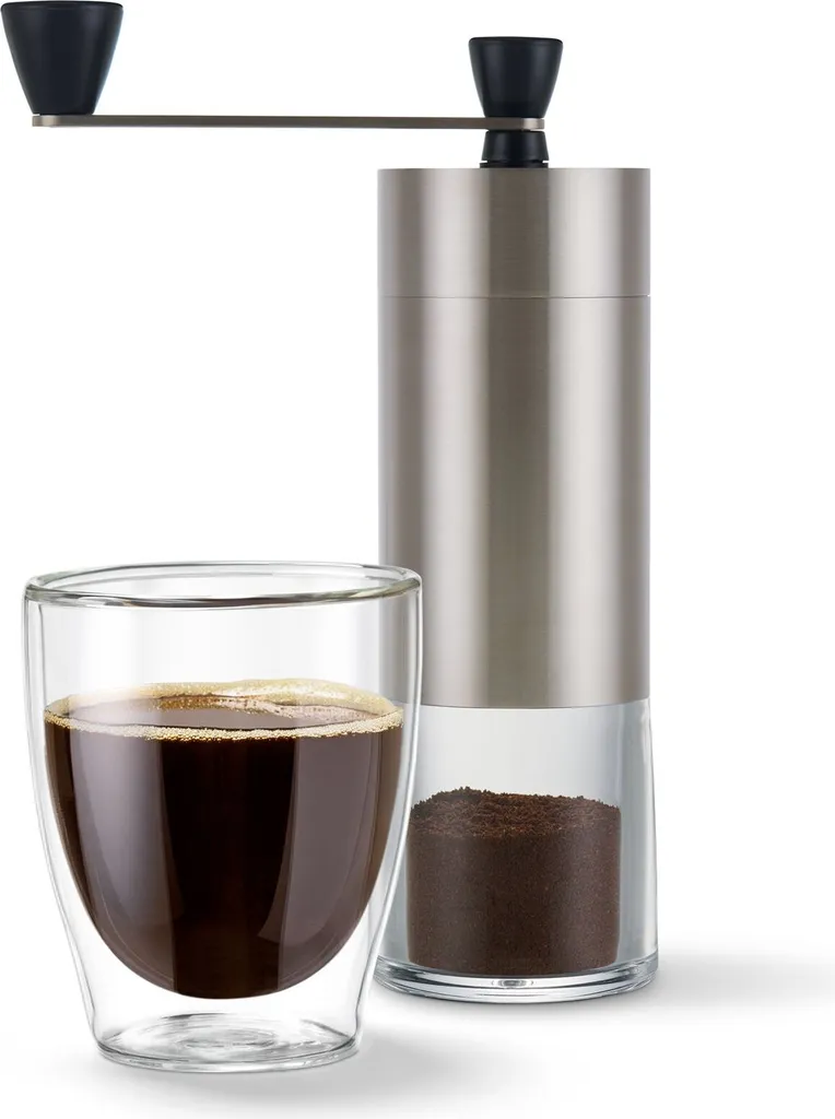 Tchibo manual coffee grinder, ceramic grinding mechanism, adjustable grind setting, silver