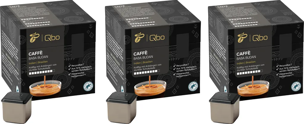 Tchibo Qbo Caffè Baba Budan Premium Coffee Capsules, 81 pieces - 3x27 capsules (Caffè, intensity 09/10, strong, notes of dark chocolate), sustainable, made from 70% renewable raw materials & climate neutral offset 607g