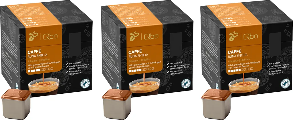 Tchibo Qbo Caffè Buna Enteta Premium Coffee Capsules, 81 pieces - 3x27 capsules (Caffè, intensity 04/10, mild-aromatic), sustainable, made from 70% renewable raw materials & climate-neutral offsetting 607g