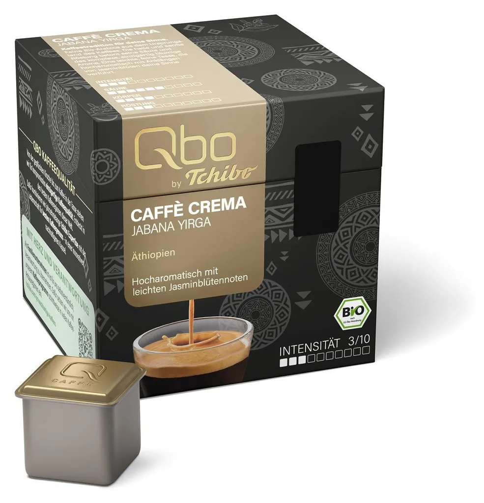 Tchibo Qbo Caffè Crema Jabana Yirga Premium Coffee Capsules, 27 pieces (Caffè Crema, intensity 03/10, highly aromatic), sustainable, seal, made from 70% renewable raw materials¹ 202g